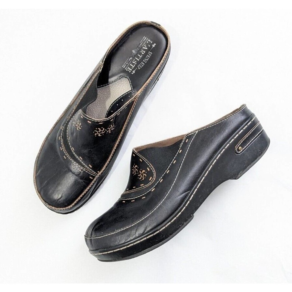 L’ Artiste Black Leather Slip-On Clogs 10.5